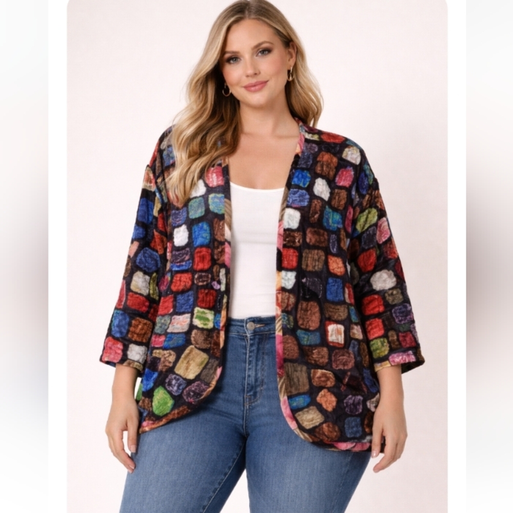 Sue Blue Vintage Patchwork Open Front Jacket 2X Boho Colorful USA Made